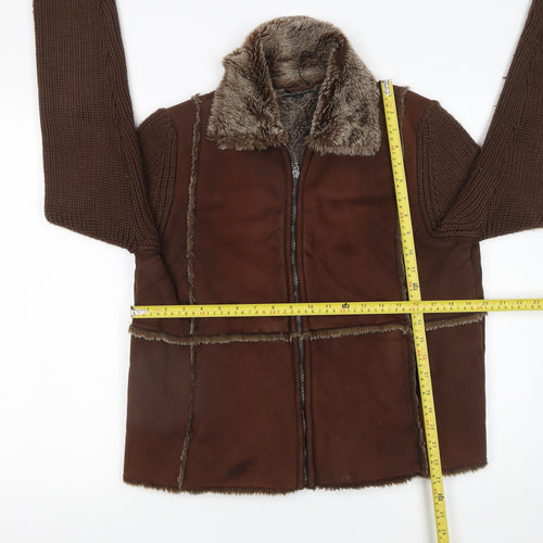 Debbie Morgan Women Brown Faux Shearling Knit Sleeve Jacket M
