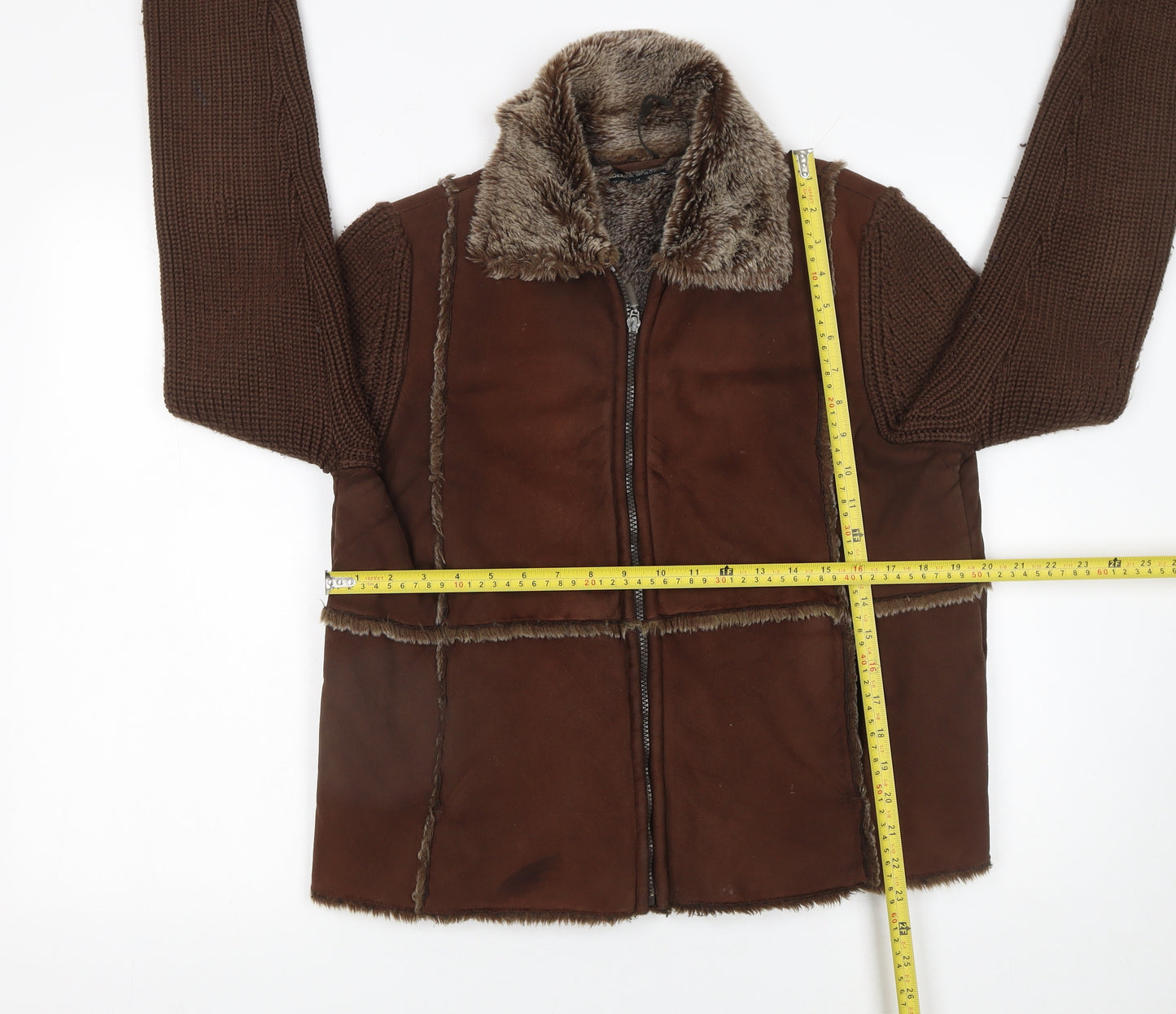 Debbie Morgan Women Brown Faux Shearling Knit Sleeve Jacket M