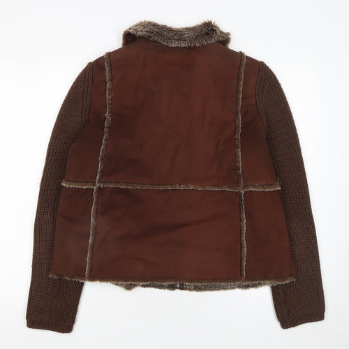 Debbie Morgan Women Brown Faux Shearling Knit Sleeve Jacket M