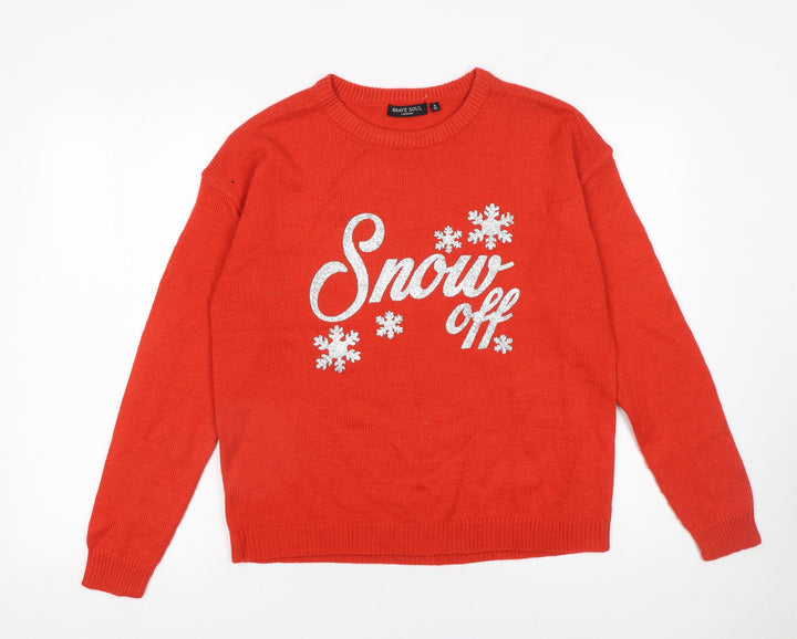 Brave Soul Womens Red Christmas Crew Neck Jumper Size S 12