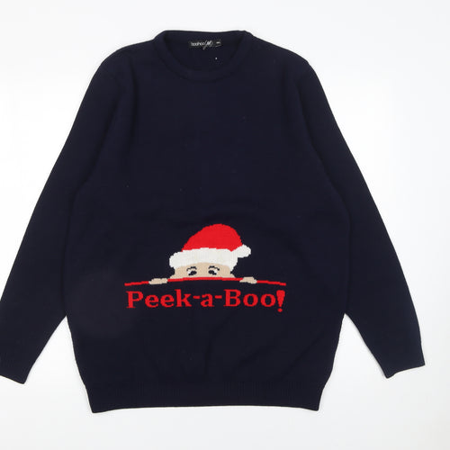 Boohoo Men’s Blue Christmas Peek-a-Boo Jumper Medium Crew Neck