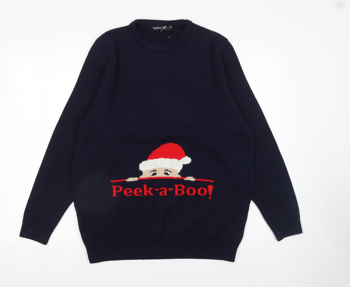 Boohoo Men’s Blue Christmas Peek-a-Boo Jumper Medium Crew Neck