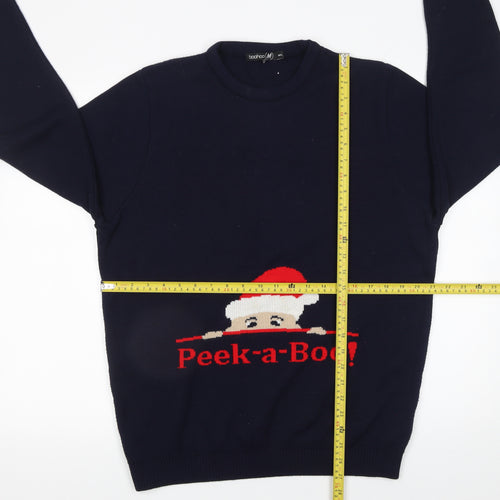 Boohoo Men’s Blue Christmas Peek-a-Boo Jumper Medium Crew Neck