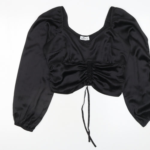 Hollister Women's Black Cropped Satin Blouse L Long Puff Sleeve