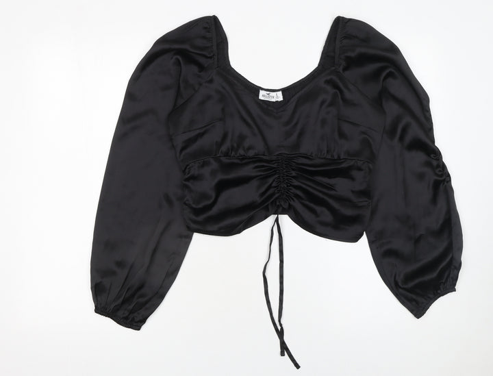 Hollister Women's Black Cropped Satin Blouse L Long Puff Sleeve