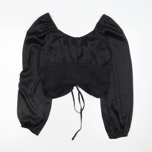 Hollister Women's Black Cropped Satin Blouse L Long Puff Sleeve