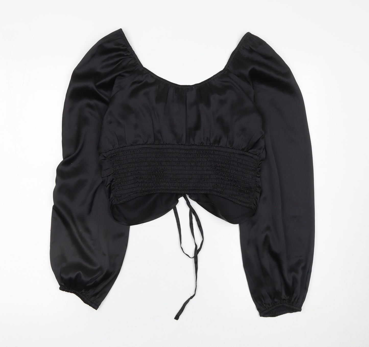 Hollister Women's Black Cropped Satin Blouse L Long Puff Sleeve