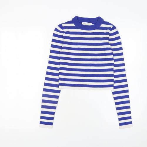 Pull&Bear Women Blue Striped Crew Neck Cotton Jumper Size S