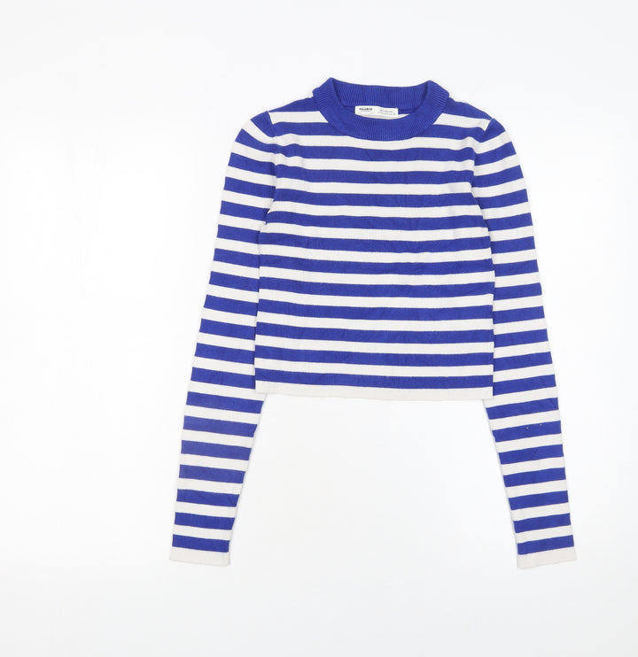 Pull&Bear Women Blue Striped Crew Neck Cotton Jumper Size S