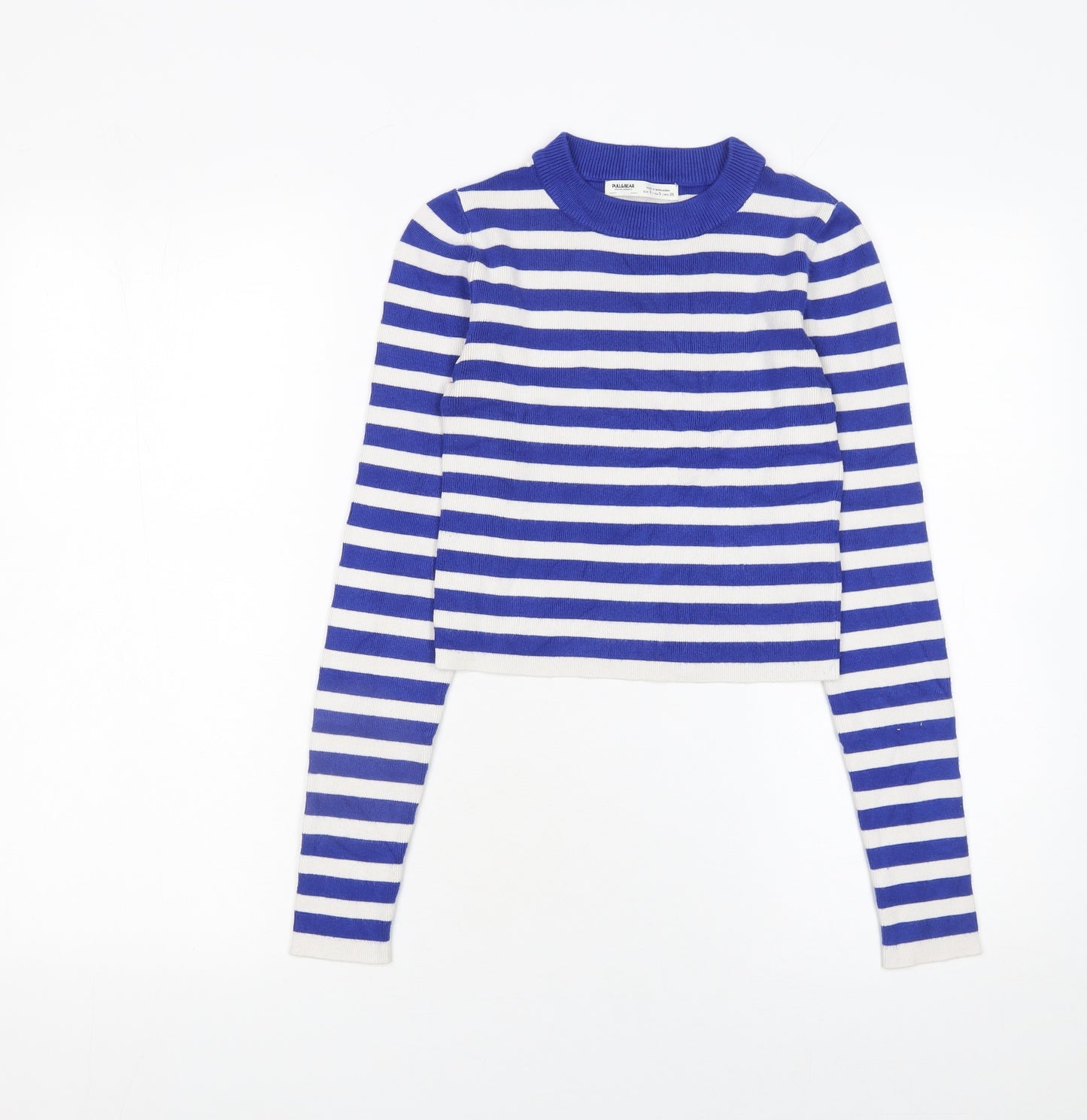 Pull&Bear Women Blue Striped Crew Neck Cotton Jumper Size S
