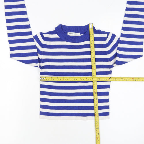 Pull&Bear Women Blue Striped Crew Neck Cotton Jumper Size S