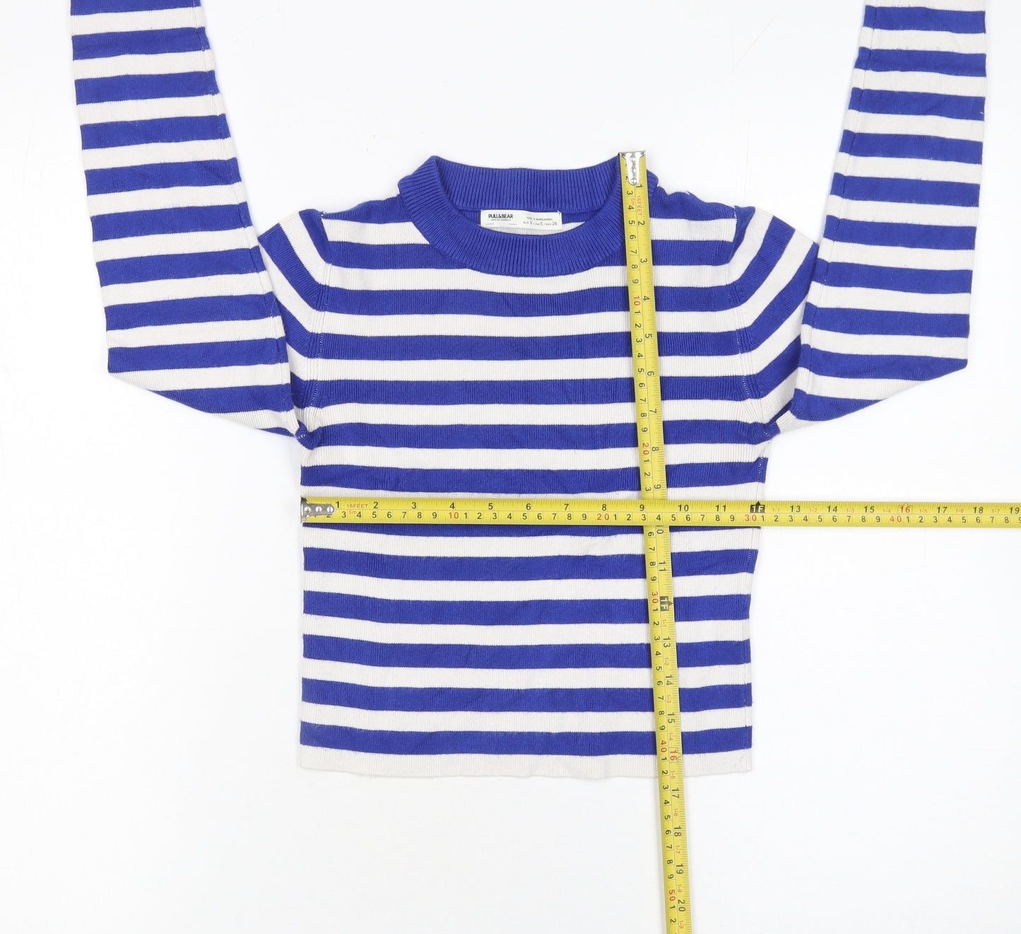 Pull&Bear Women Blue Striped Crew Neck Cotton Jumper Size S