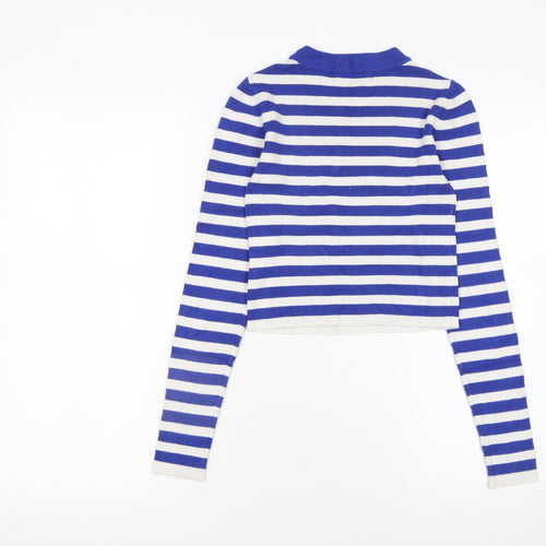 Pull&Bear Women Blue Striped Crew Neck Cotton Jumper Size S