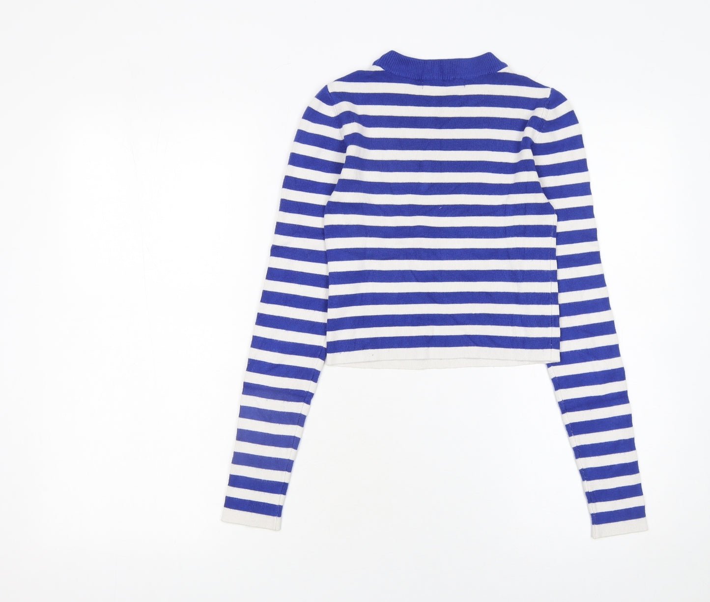 Pull&Bear Women Blue Striped Crew Neck Cotton Jumper Size S