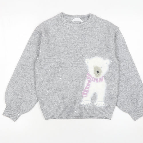 John Lewis Girls Grey Sparkly Polar Bear Jumper 9 Years Crew Neck Winter