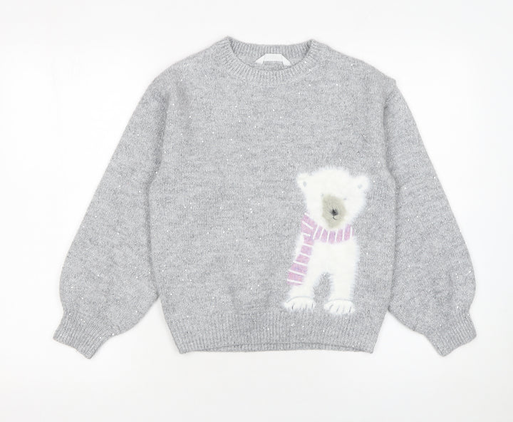 John Lewis Girls Grey Sparkly Polar Bear Jumper 9 Years Crew Neck Winter