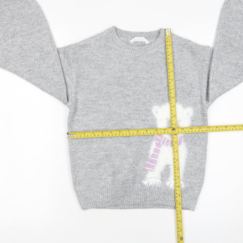 John Lewis Girls Grey Sparkly Polar Bear Jumper 9 Years Crew Neck Winter