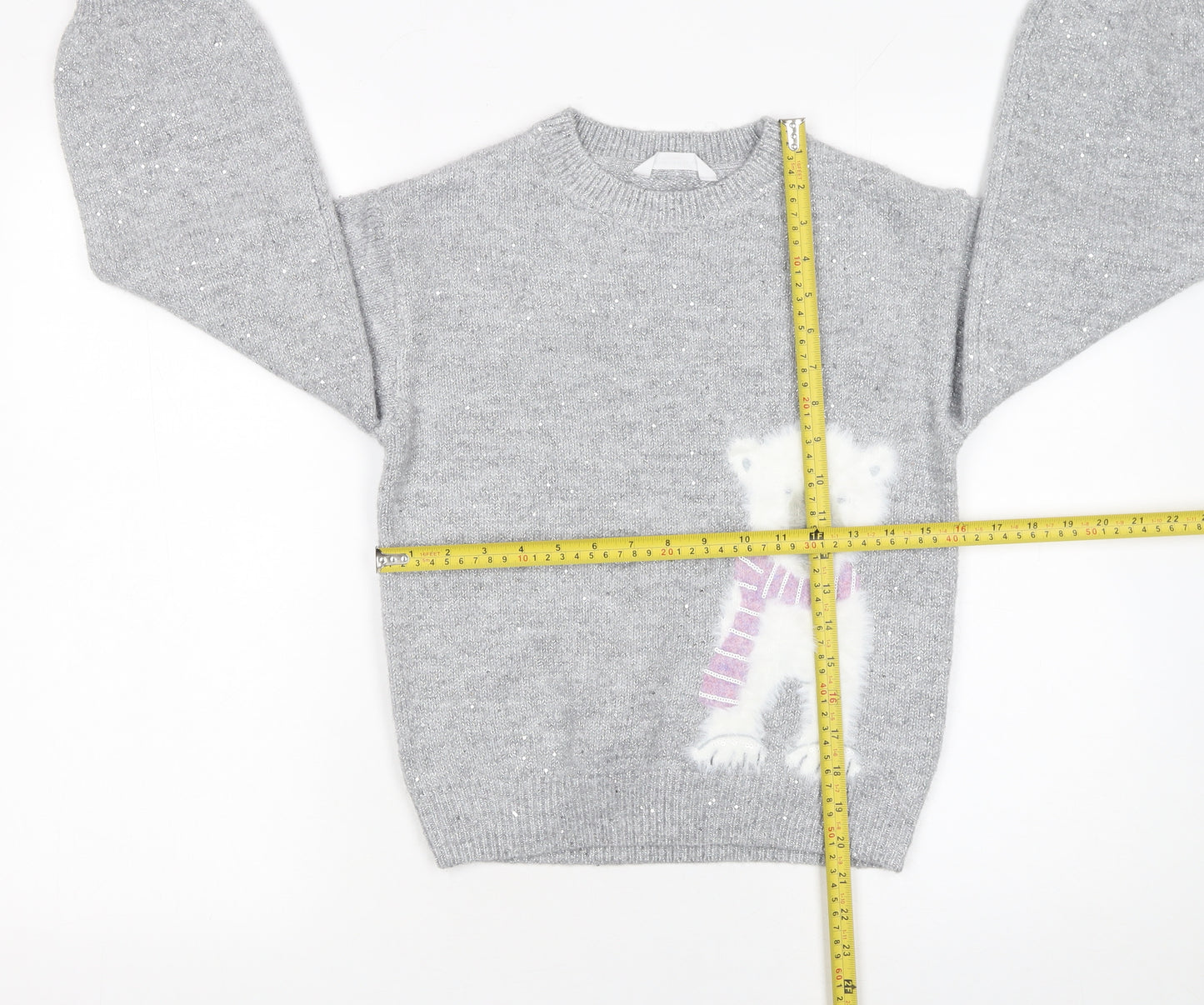 John Lewis Girls Grey Sparkly Polar Bear Jumper 9 Years Crew Neck Winter