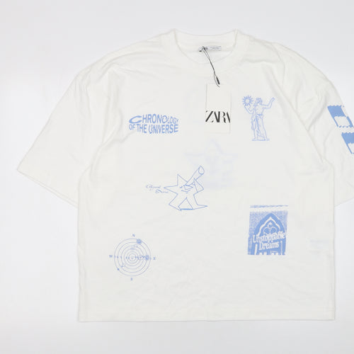 ZARA Women White Graphic Relaxed Fit T-Shirt Cotton Medium