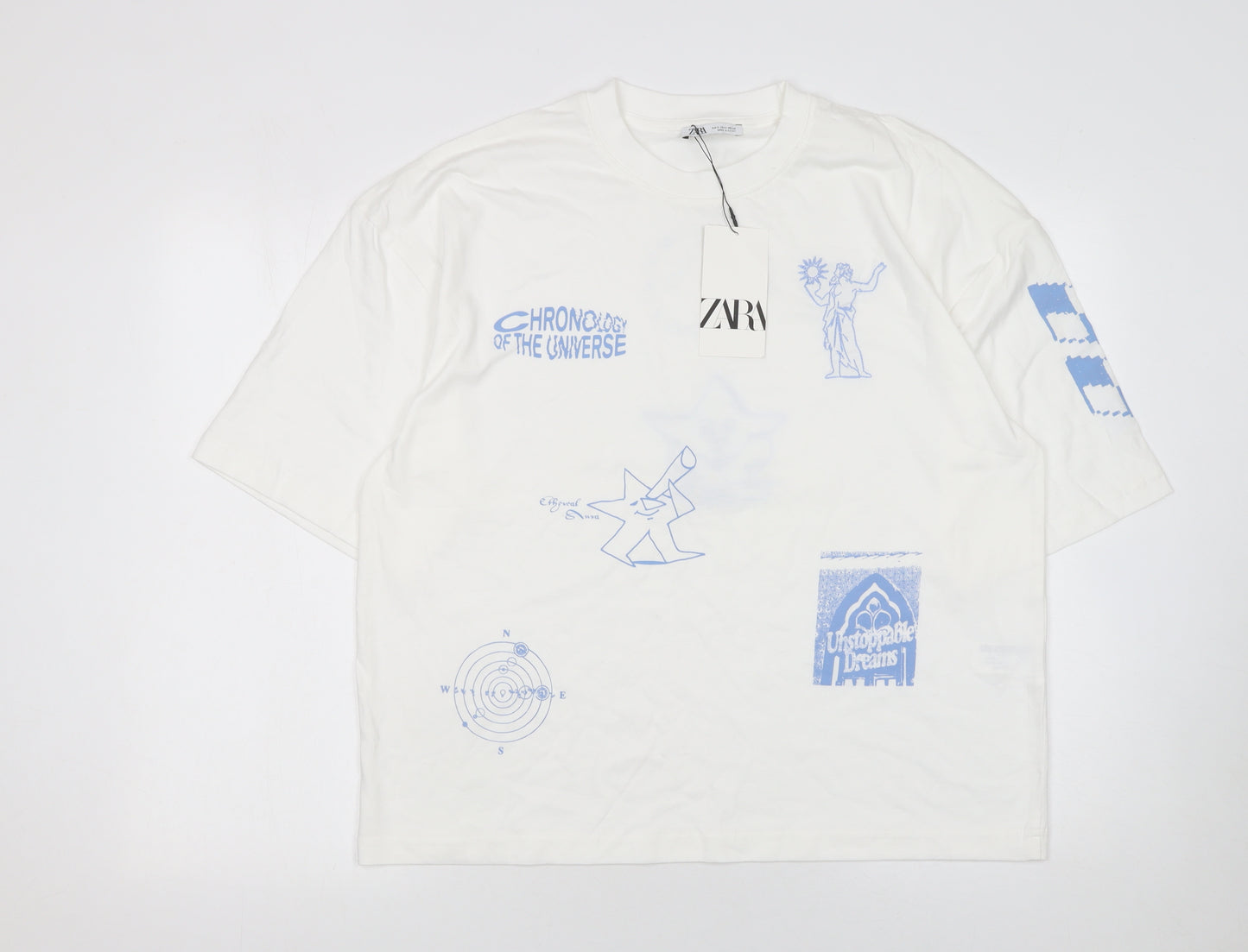ZARA Women White Graphic Relaxed Fit T-Shirt Cotton Medium