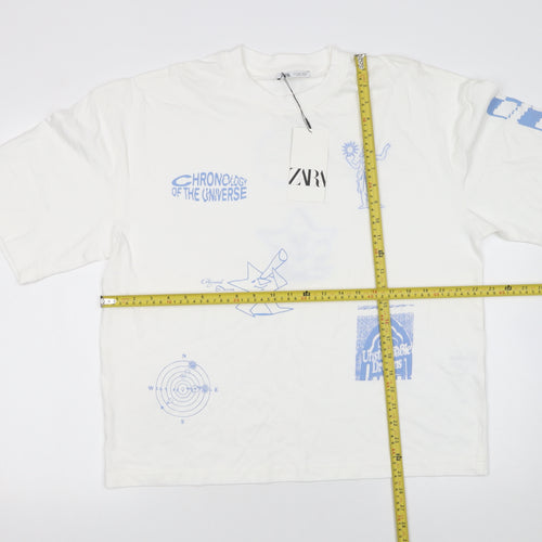 ZARA Women White Graphic Relaxed Fit T-Shirt Cotton Medium
