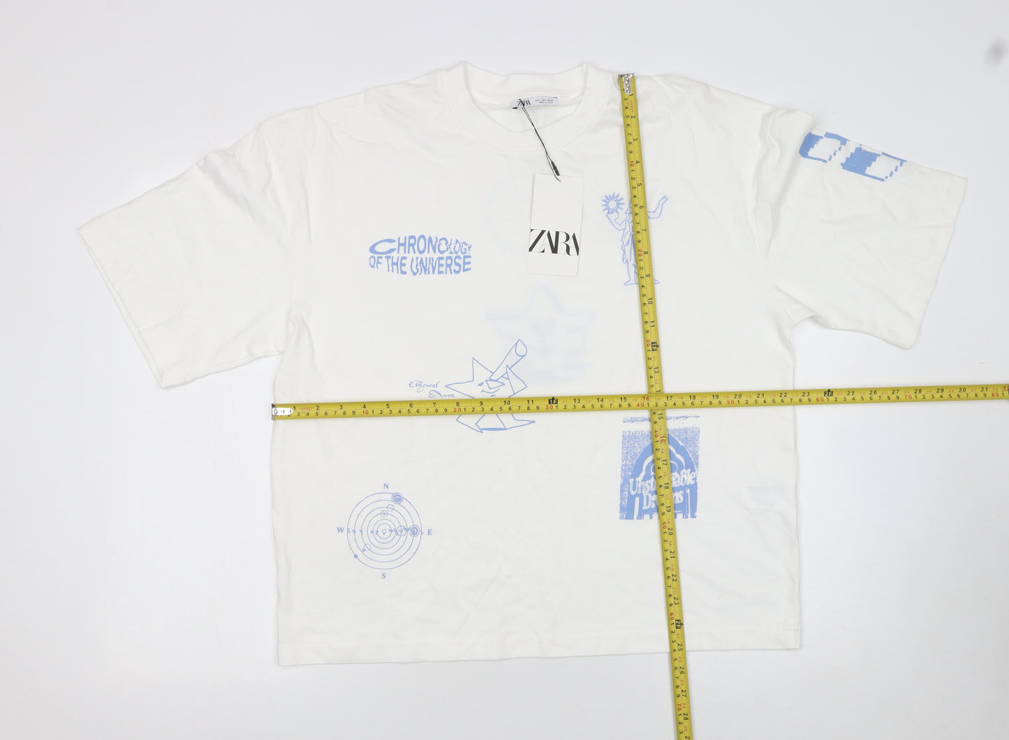 ZARA Women White Graphic Relaxed Fit T-Shirt Cotton Medium
