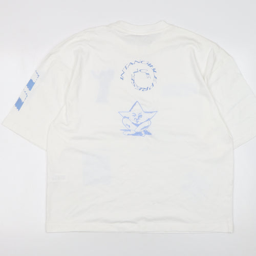 ZARA Women White Graphic Relaxed Fit T-Shirt Cotton Medium