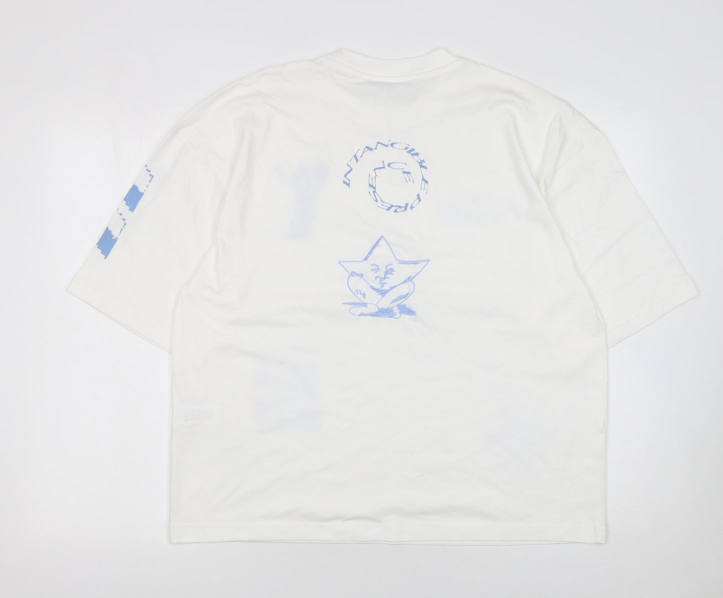 ZARA Women White Graphic Relaxed Fit T-Shirt Cotton Medium