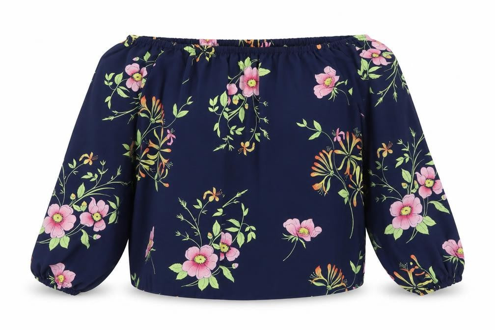 Front view of Gap Women's Blue Floral Off Shoulder 3/4 Sleeve Polyester Blouse XS