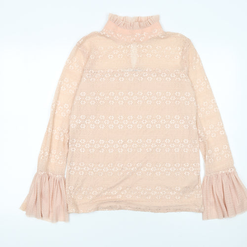 Guess Womens Beige Lace Flared Sleeve High Neck Blouse XL