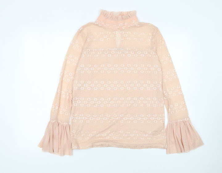 Guess Womens Beige Lace Flared Sleeve High Neck Blouse XL