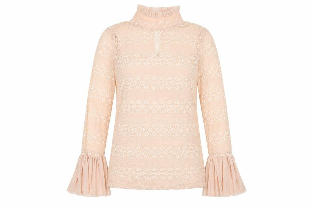Front view of Guess women’s beige lace flared sleeve high neck blouse xl