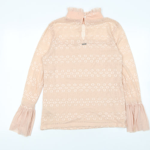 Guess Womens Beige Lace Flared Sleeve High Neck Blouse XL