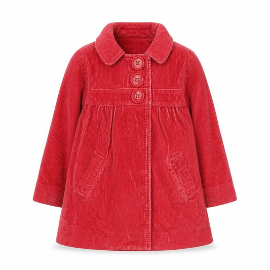 Front view of Mini Boden girls’ red corduroy button coat 3-4 years lined mid-length