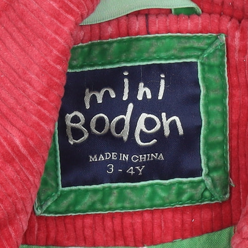 Mini Boden Girls Red Corduroy Button Coat 3-4 Years Lined Mid-Length
