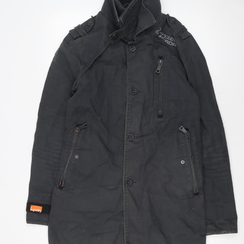 Superdry Men's Black Cotton Trench Coat Jacket S Military Style