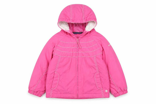 Front view of Columbia girls’ pink hooded puffer jacket 4 years waterproof winter coat