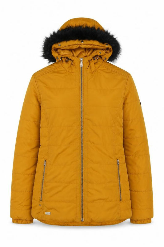 Front view of Regatta Women Mustard Puffer Jacket Hooded Faux Fur Trim UK 16