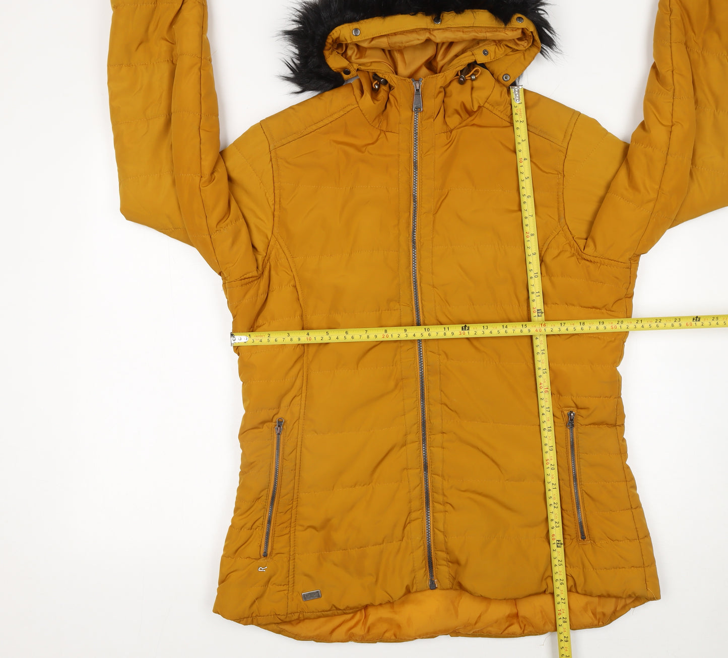 Regatta Women Mustard Puffer Jacket Hooded Faux Fur Trim UK 16