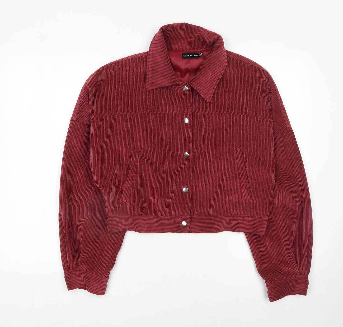 PrettyLittleThing Womens Red Corduroy Cropped Bomber Jacket Size 8