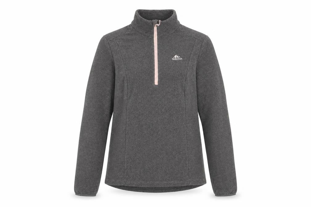 Front view of Quechua Women's Grey Fleece 1/2 Zip Pullover Sweatshirt, size S