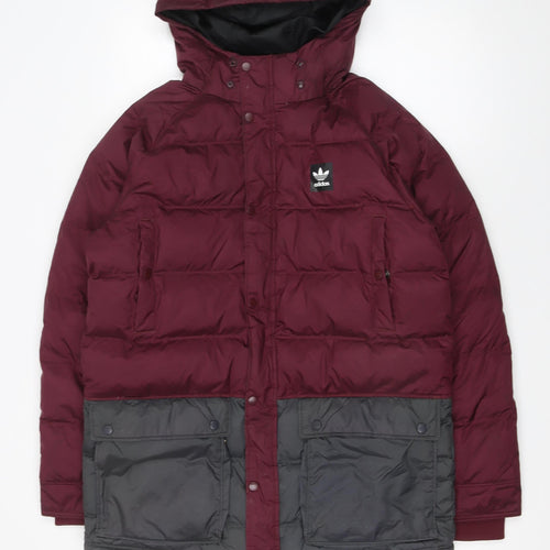 Adidas Mens Burgundy & Grey Hooded Puffer Jacket Size M Winter Coat
