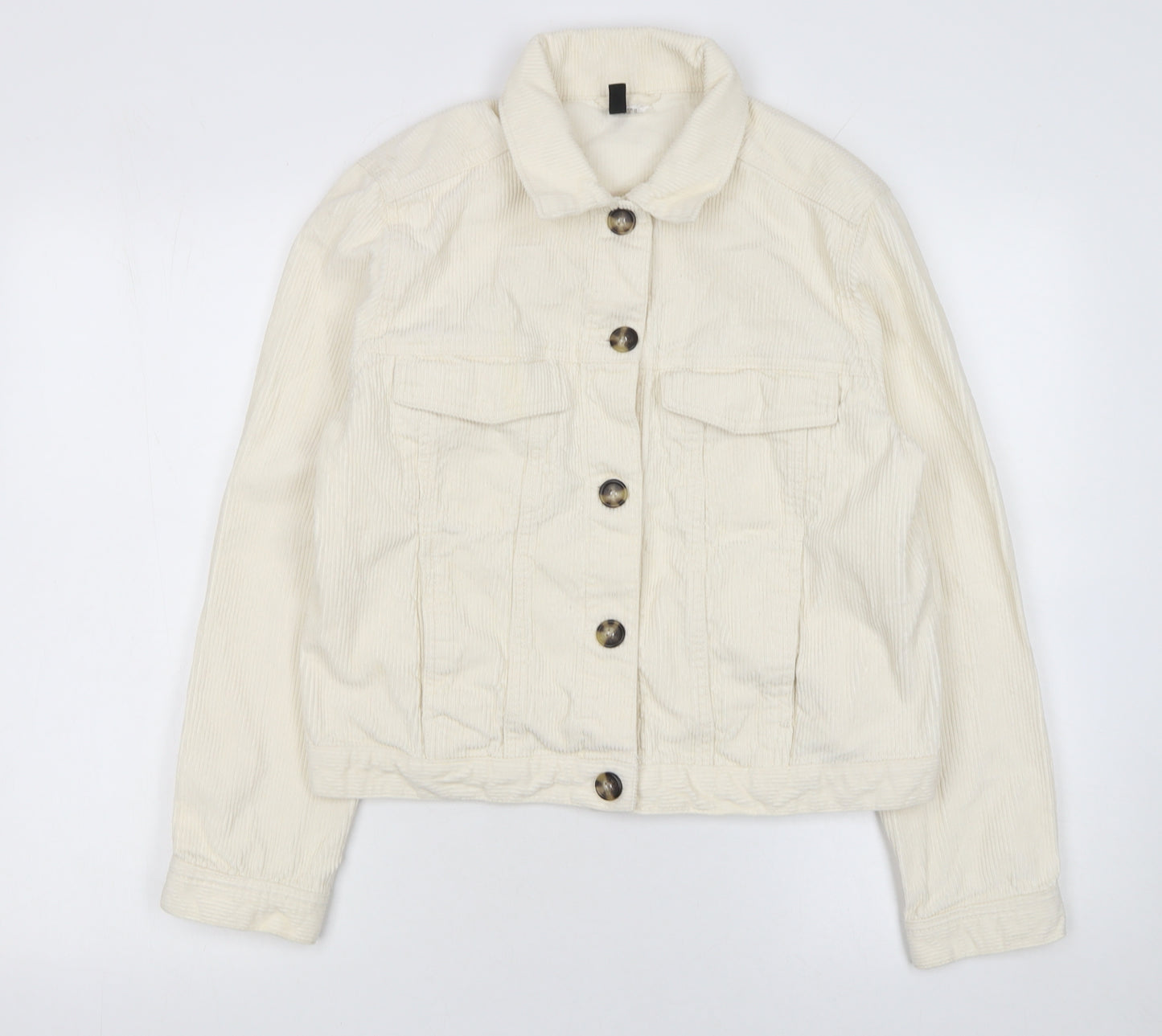 H&M Women Ivory Corduroy Basic Jacket Size M Button-Up Casual