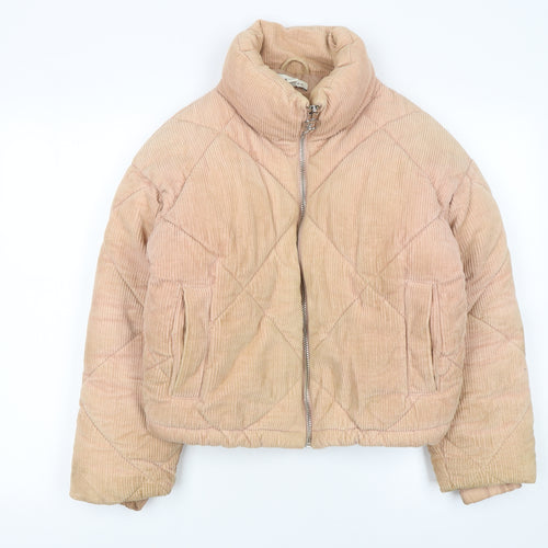 Topshop Women Beige Corduroy Puffer Jacket Size 8 Quilted Cropped