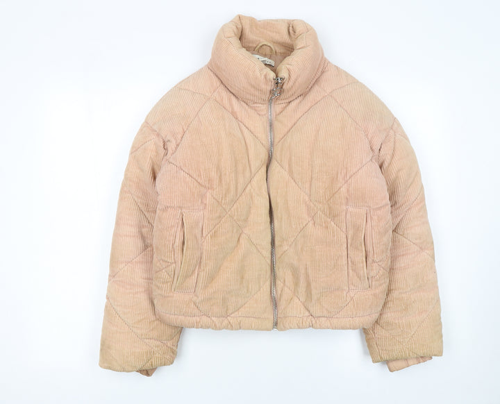 Topshop Women Beige Corduroy Puffer Jacket Size 8 Quilted Cropped