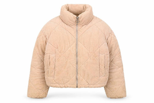 Front view of Topshop Women Beige Corduroy Puffer Jacket, size 8, Quilted Cropped