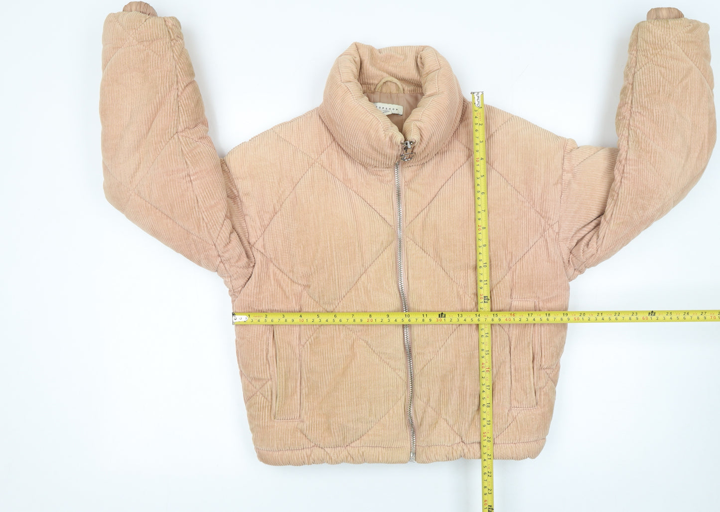 Topshop Women Beige Corduroy Puffer Jacket Size 8 Quilted Cropped