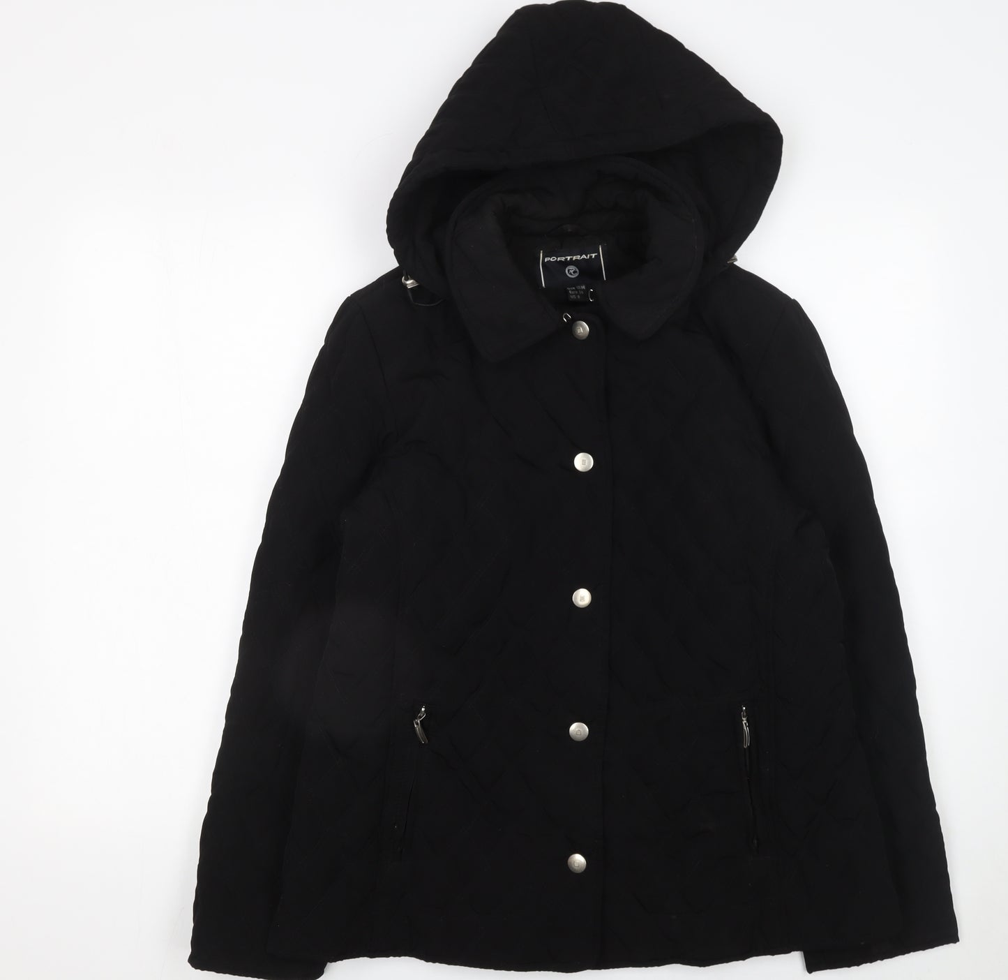 Portrait Womens Black Quilted Hooded Mid-Length Jacket Size 12