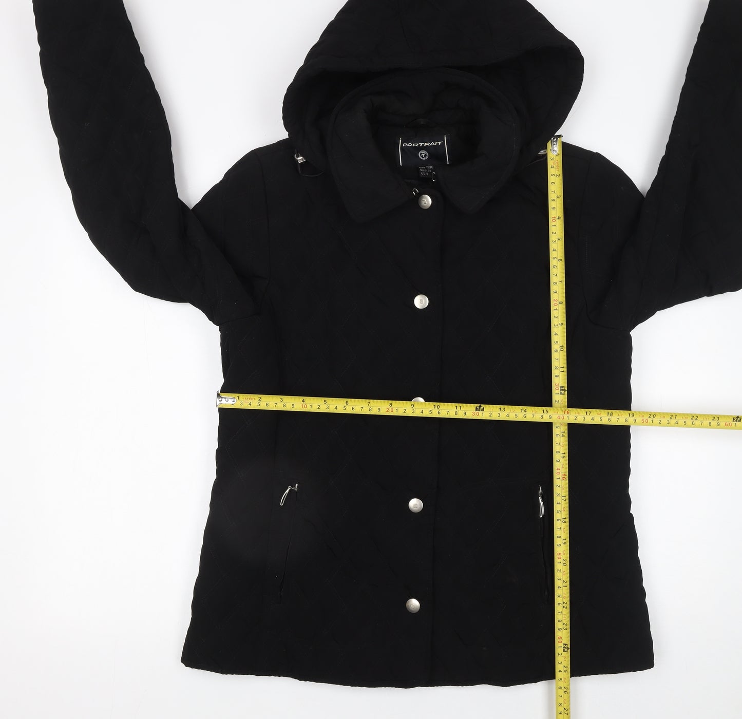Portrait Womens Black Quilted Hooded Mid-Length Jacket Size 12