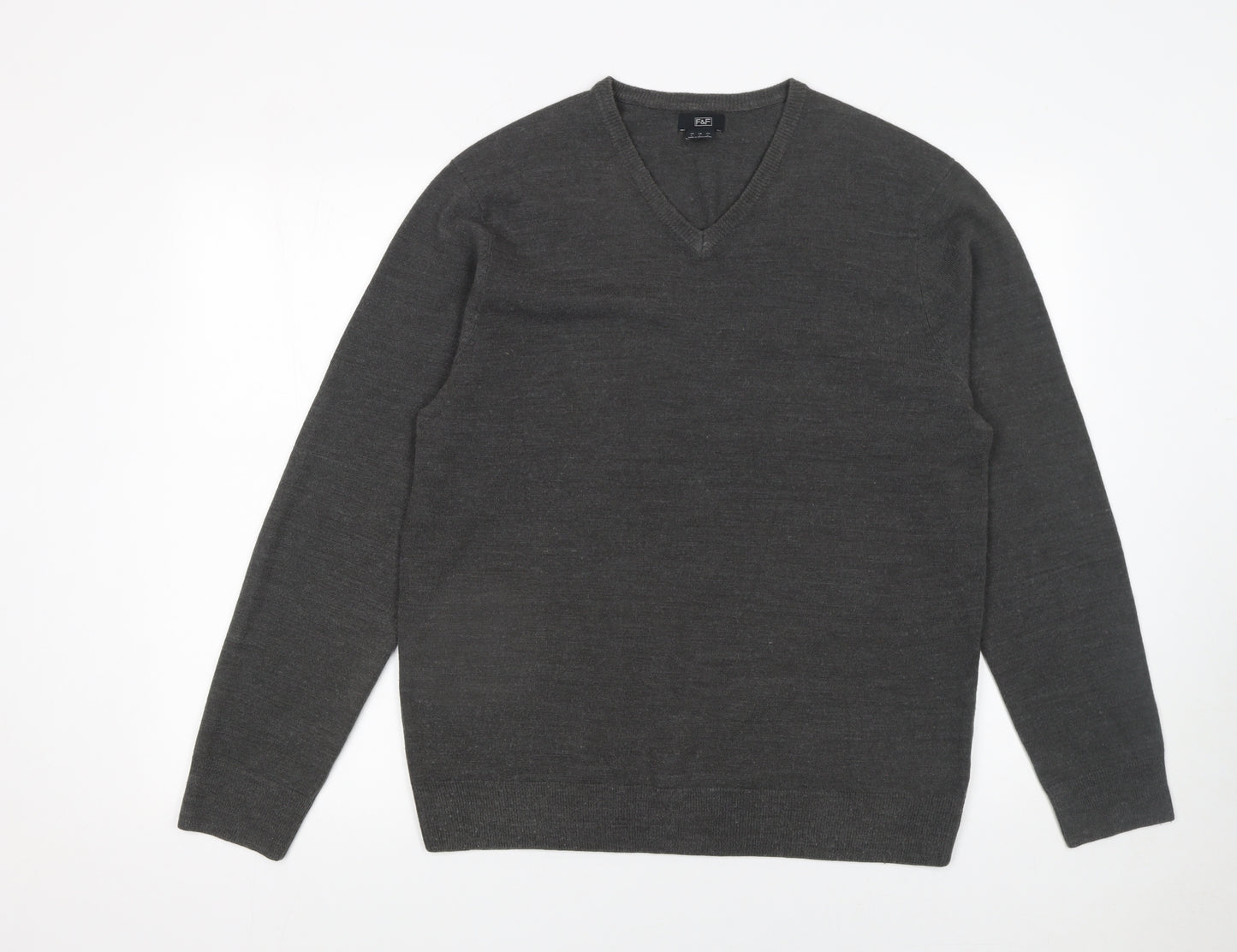 F&F Men's Grey Acrylic V-Neck Pullover Jumper Size L